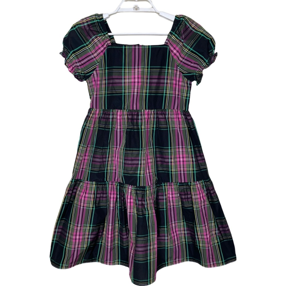Crewcuts Dress Plaid Tiered Girls 10 Black Pink Green BN169‎ Puff Sleeve Holiday